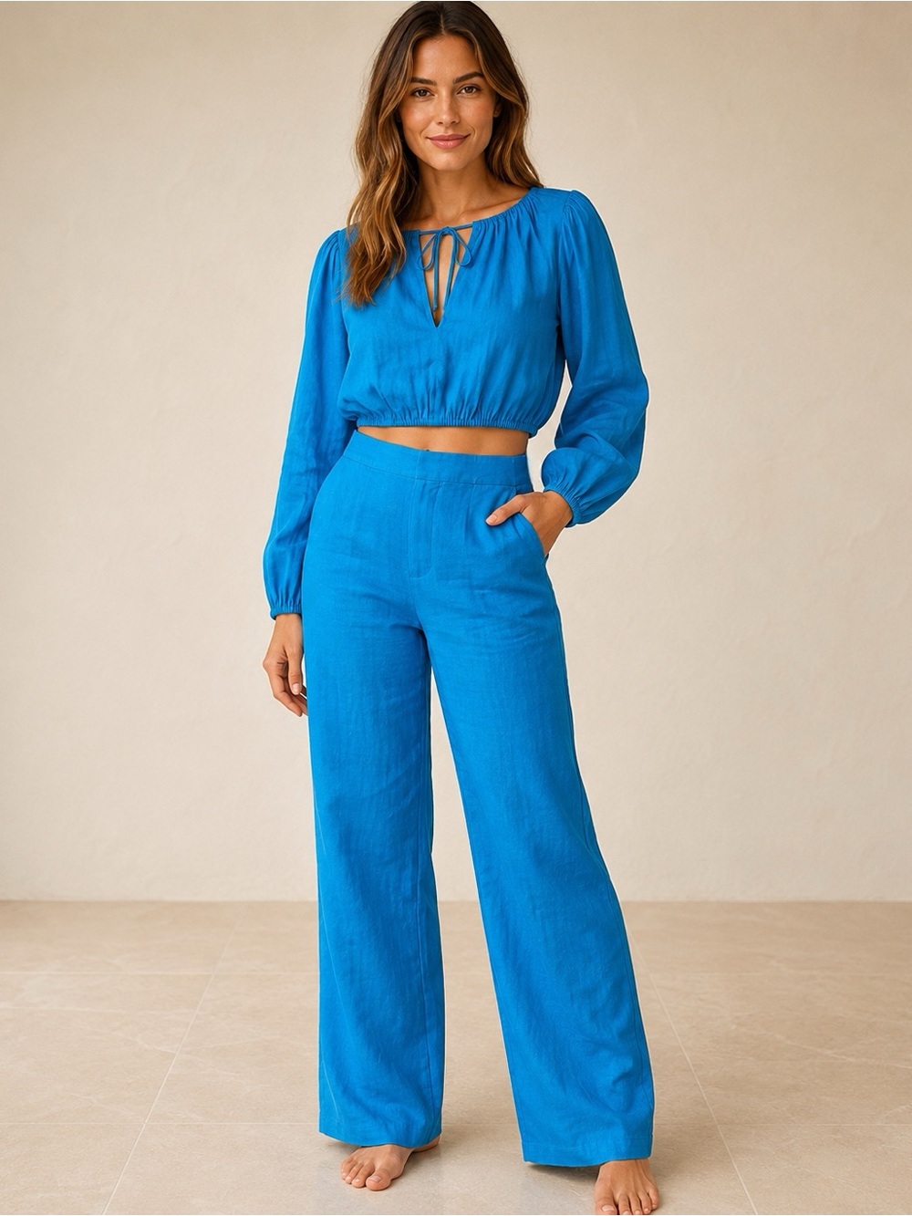 Gianni Bini Vibrant Blue Wide-Leg Linen-Blend Pants and blouse cropped L SET